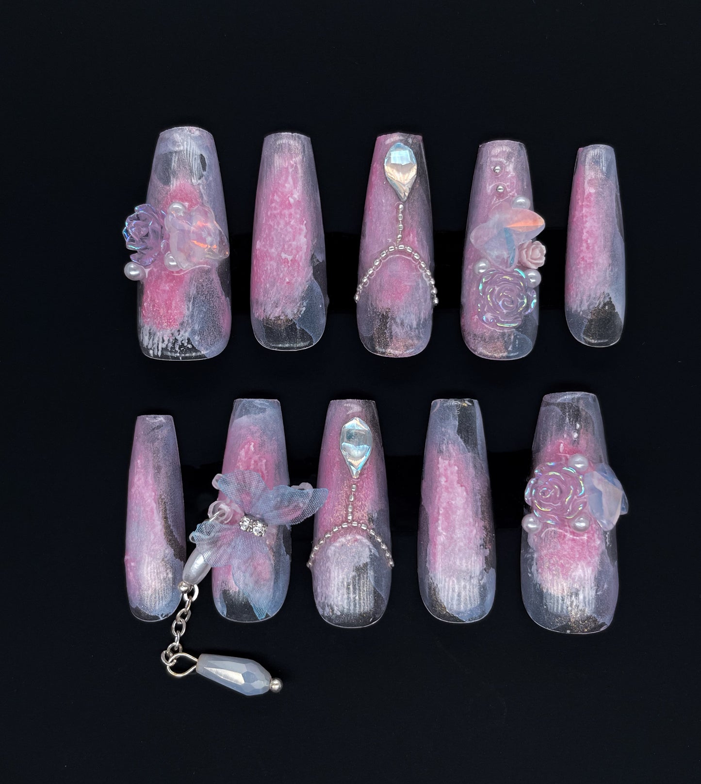 230 Pink gradient pearl pendant lace butterfly rose silver delicate chain handmade 3D Press On Nails