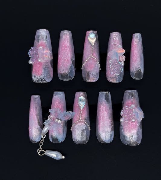 230 Pink gradient pearl pendant lace butterfly rose silver delicate chain handmade 3D Press On Nails