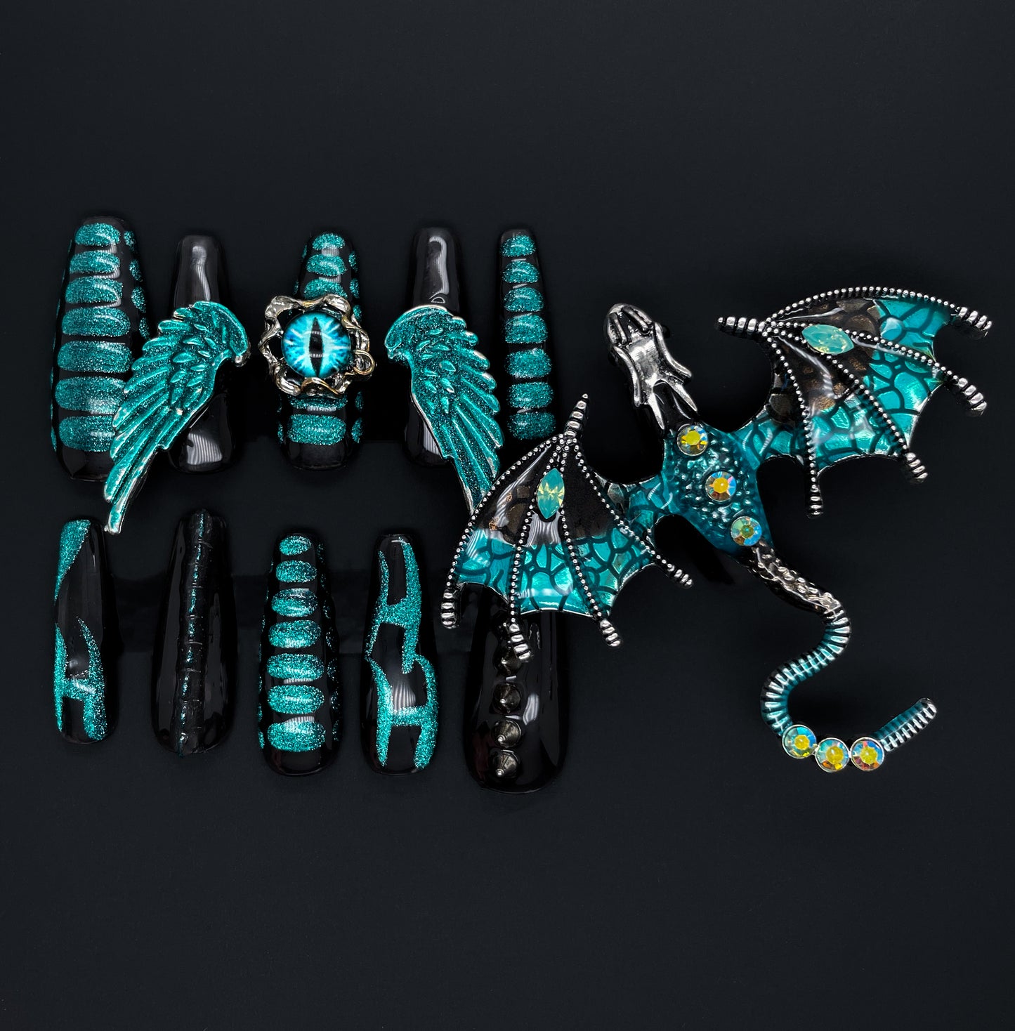 243 Royal diamond wing dragon devil's eye handmade 3D Press On Nails