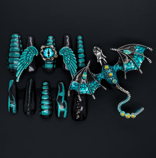 243 Royal diamond wing dragon devil's eye handmade 3D Press On Nails