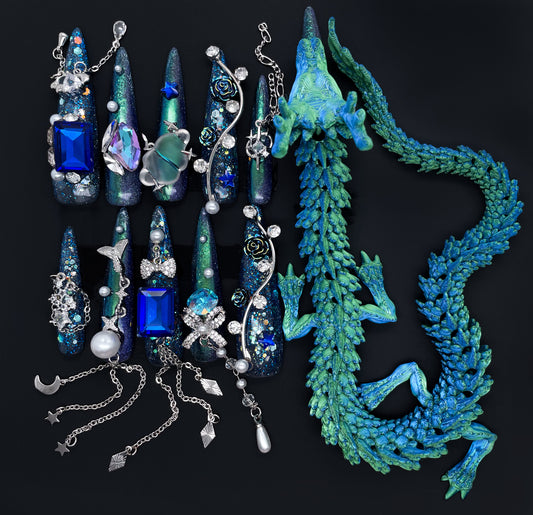 244 Oriental blue 3D printed dragon pearl chained diamond handmade Press On Nails