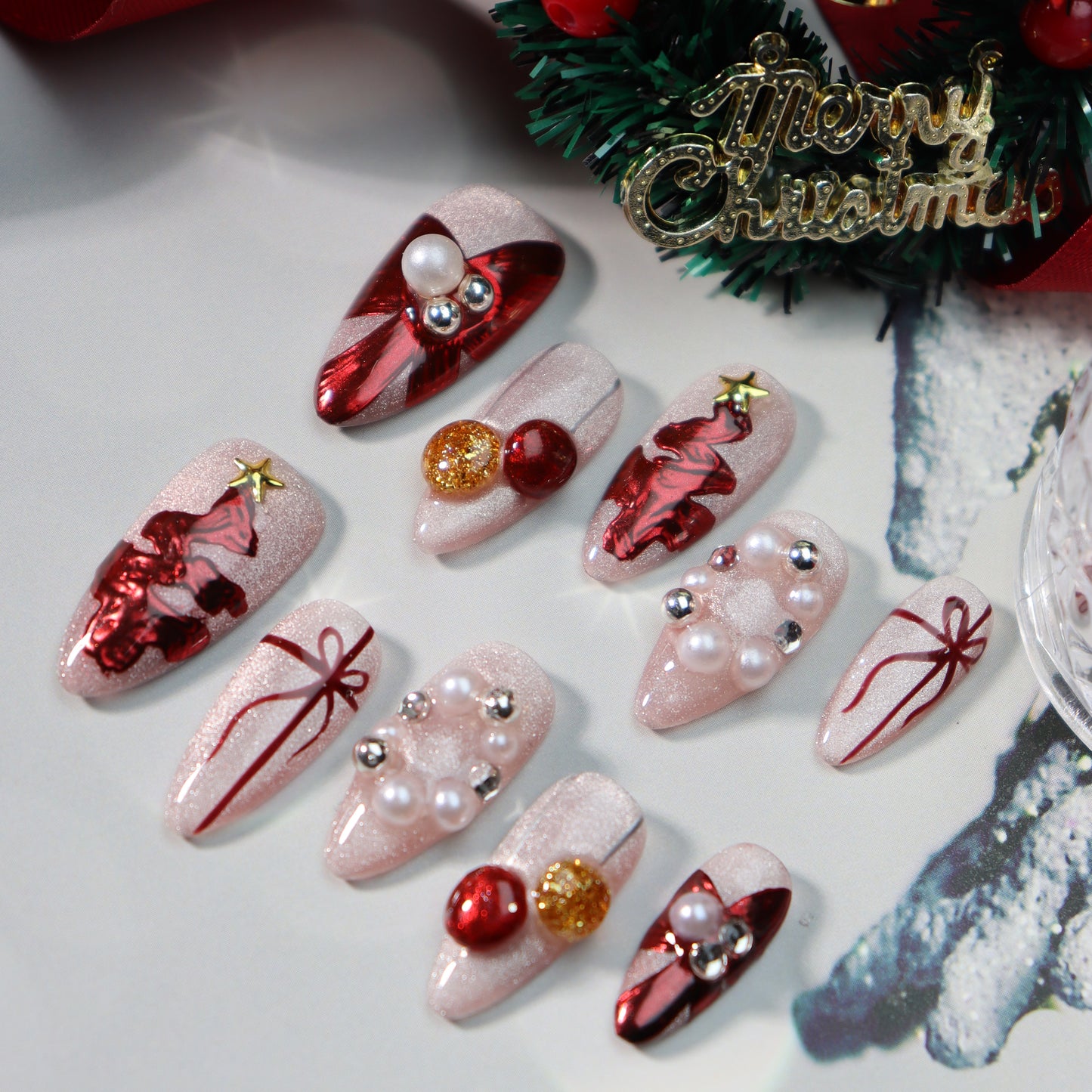 A870 Pink glitter red ribbon Christmas gift and pearl wreath handmade 3D Press On Nails